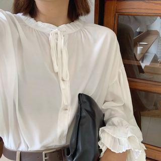 Bell-sleeve Tie-neck Ruffled Blouse