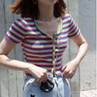 Short-sleeve Striped Knit Top Purple - One Size