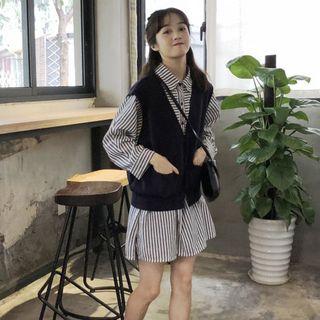 Striped Long Shirt / Knit Vest / Set