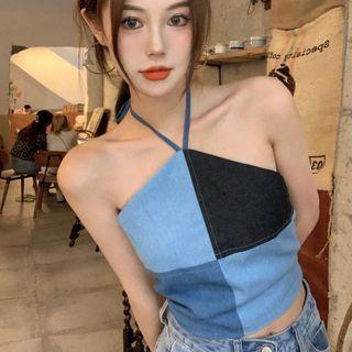 Halter-neck Denim Panel Cropped Camisole Top Blue - One Size