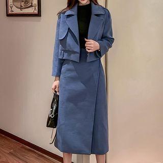 Set: Open Front Knit Jacket + Back Slit Midi A-line Skirt