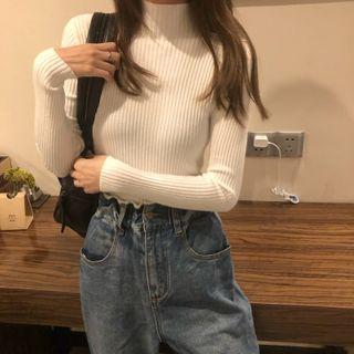 Long-sleeve Semi High-neck Ribbed Top