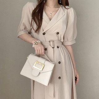 Collared Short-sleeve Double-breasted Midi A-line Dress