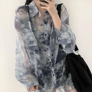 Long-sleeve Tie-dyed See-through Loose-fit Shirt