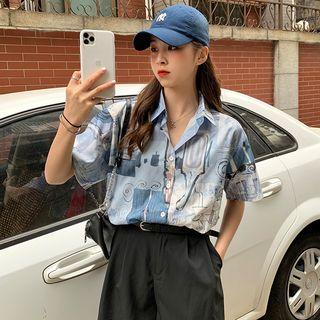 Short Sleeve Printed Shirt Grayish Blue - One Size