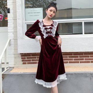 Puff-sleeve Mesh Ruffled A-line Dress