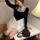 Long-sleeve Lace Trim Mini A-line Dress With Choker