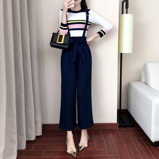 Set: Striped Trim 3/4-sleeve Knit Top + Cropped Wide-leg Jumper Pants