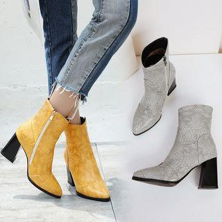 Pointy Snakeskin Print Chunky Heel Short Boots