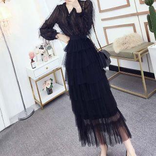 Set: Long-sleeve Fringed Blouse + Tiered Mesh A-line Midi Skirt
