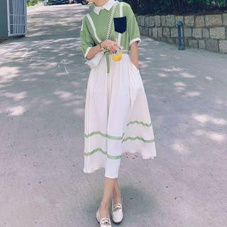 Elbow-sleeve Collar Color Block Midi A-line Dress