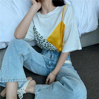 Mock Two Piece Panel T-shirt As Shown In Figure - One Size