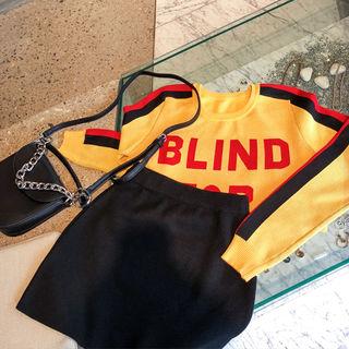 Set: Text Print Sweater + Knit Miniskirt Yellow & Black - One Size
