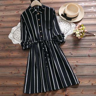 Long-sleeve Frill Collar Striped A-line Dress