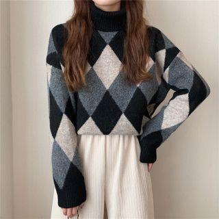 High-neck Argyle Long-sleeve Sweater