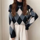 High-neck Argyle Long-sleeve Sweater