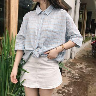 3/4 Sleeve Loose-fit Plaid Blouse
