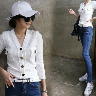 Metallic-button V-neck Cardigan