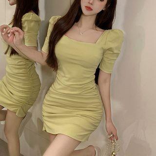 Square Neck Shirred Mini Bodycon Dress