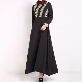 Lace Trim Long-sleeve A-line Maxi Dress