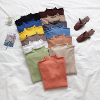 Plain Mock-neck Long-sleeve Slim-fit Knit Top - 13 Colors