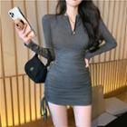 Long-sleeve Drawstring Slim-fit Mini Dress Gray - One Size