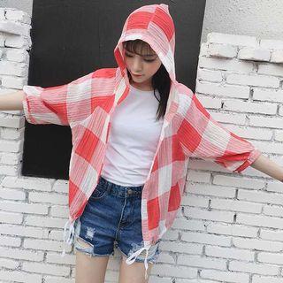 Gingham 3/4-sleeve Hooded Jacket