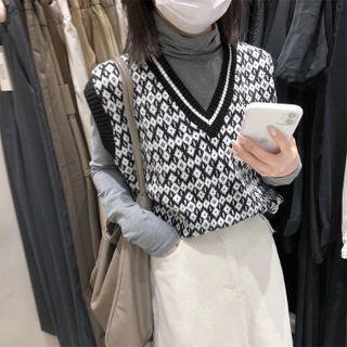 Patterned Sweater Vest Black - One Size