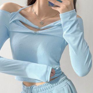 Cold-shoulder Buckled Ribbed Knit Top