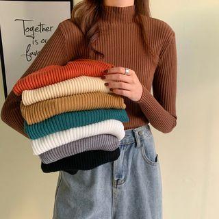 Long-sleeve Mock-neck Rib Knit Top