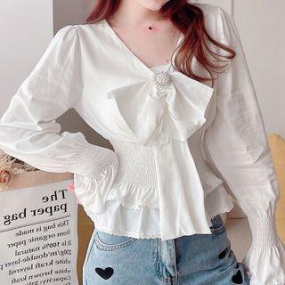 Long-sleeve Bow Plain Blouse White - One Size