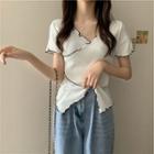 Short-sleeve Wood Ear Trim Contrast Trim Top