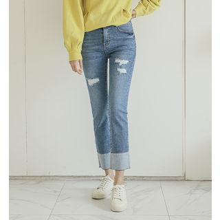 Contrast-hem Cropped Distressed Jeans