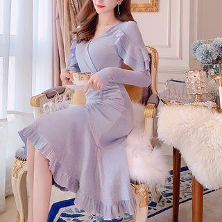 Ruched Ruffle Hem Midi Knit Sheath Dress