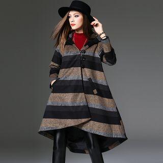 Striped Hooded Long Woolen Coat