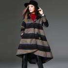 Striped Hooded Long Woolen Coat