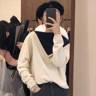 Two-tone Collared Sweater / Midi A-line Skirt