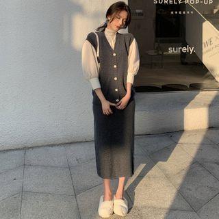 Bubble-sleeve High-neck Blouse / Button-up Knit Vest / Midi Skirt
