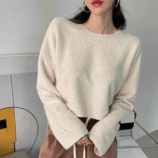Drop-shoulder Fluffy Cropped Top