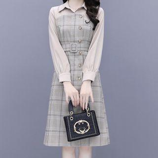 Long-sleeve Mock Two-piece Plaid Dress