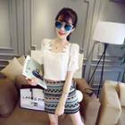 Set: Cold Shoulder Short-sleeve Top + Patterned Mini Skirt