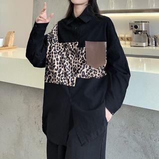 Long-sleeve Leopard Print Panel Shirt