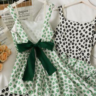 Ribbon-back Printed Sleeveless Midi Dress