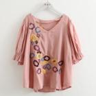 V-neck Flower Embroidered Elbow-sleeve Top