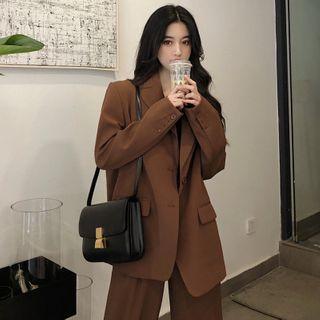 Plain Loose-fit Blazer / High Waist Wide Leg Pants