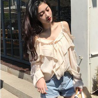 Frill Trim Off-shoulder Spaghetti Strap Long-sleeve Blouse