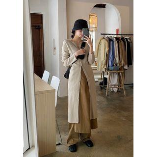 Woolen Rib-knit Long Cardigan Beige - One Size