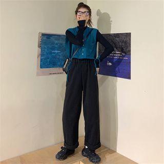 Plain Long-sleeve Top/ Lace-up Round-neck Vest/ Wide Leg Pants