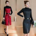 Mock Neck Long-sleeve Sheath Dress With Belt