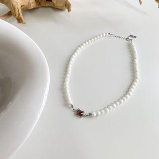 Sterling Silver Cz Faux Pearl Necklace L366 - Red & Silver - One Size